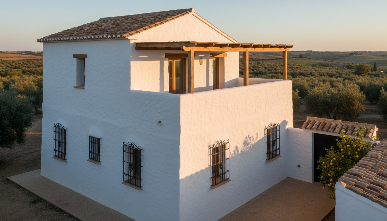 Render arquitectónico 3D de Almazara Escondida, estilo Vernácula — vista principal del proyecto | infografía D-LINIEX