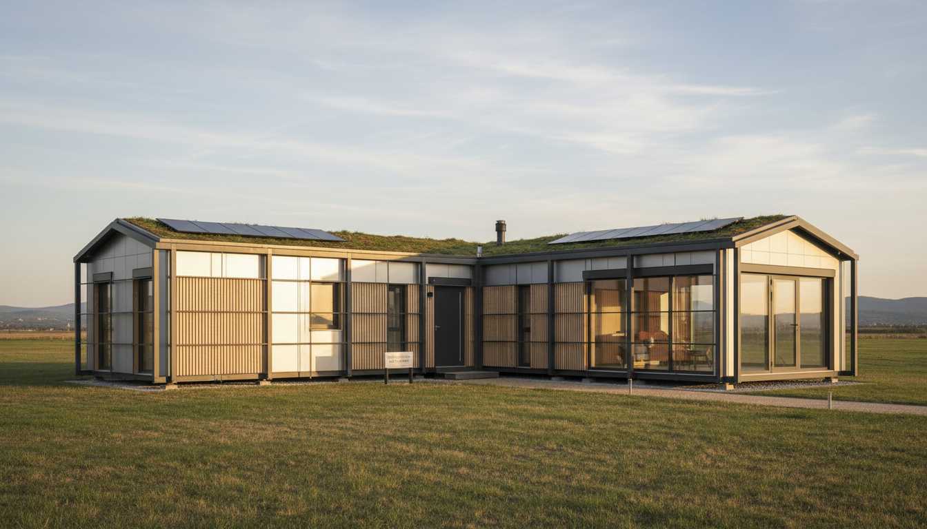Render arquitectónico 3D de Casa Aether, estilo Prefabricada — vista principal del proyecto | infografía D-LINIEX