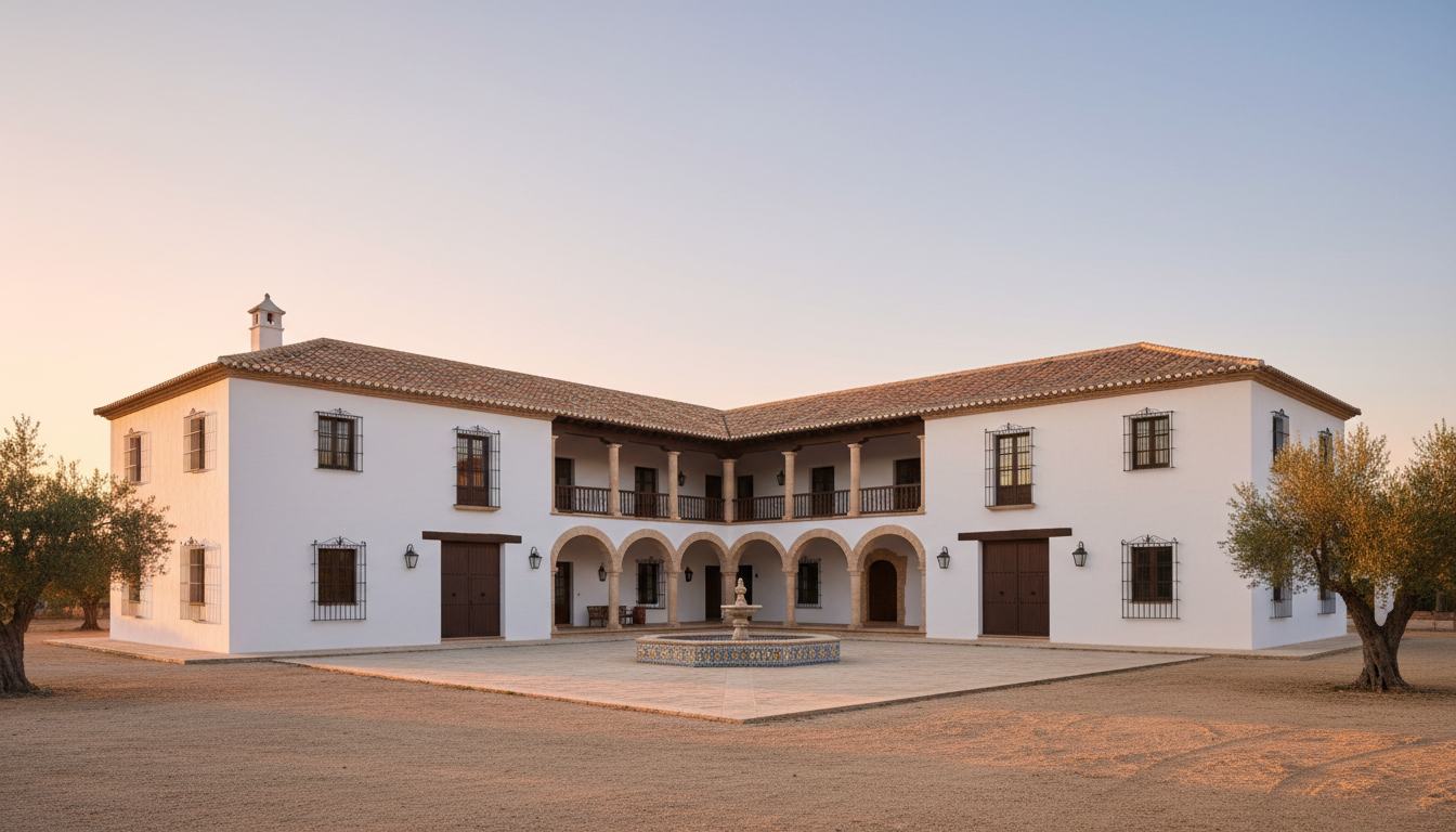 Render arquitectónico 3D de Hacienda Al-Andalus, estilo Cortijo — vista principal del proyecto | infografía D-LINIEX