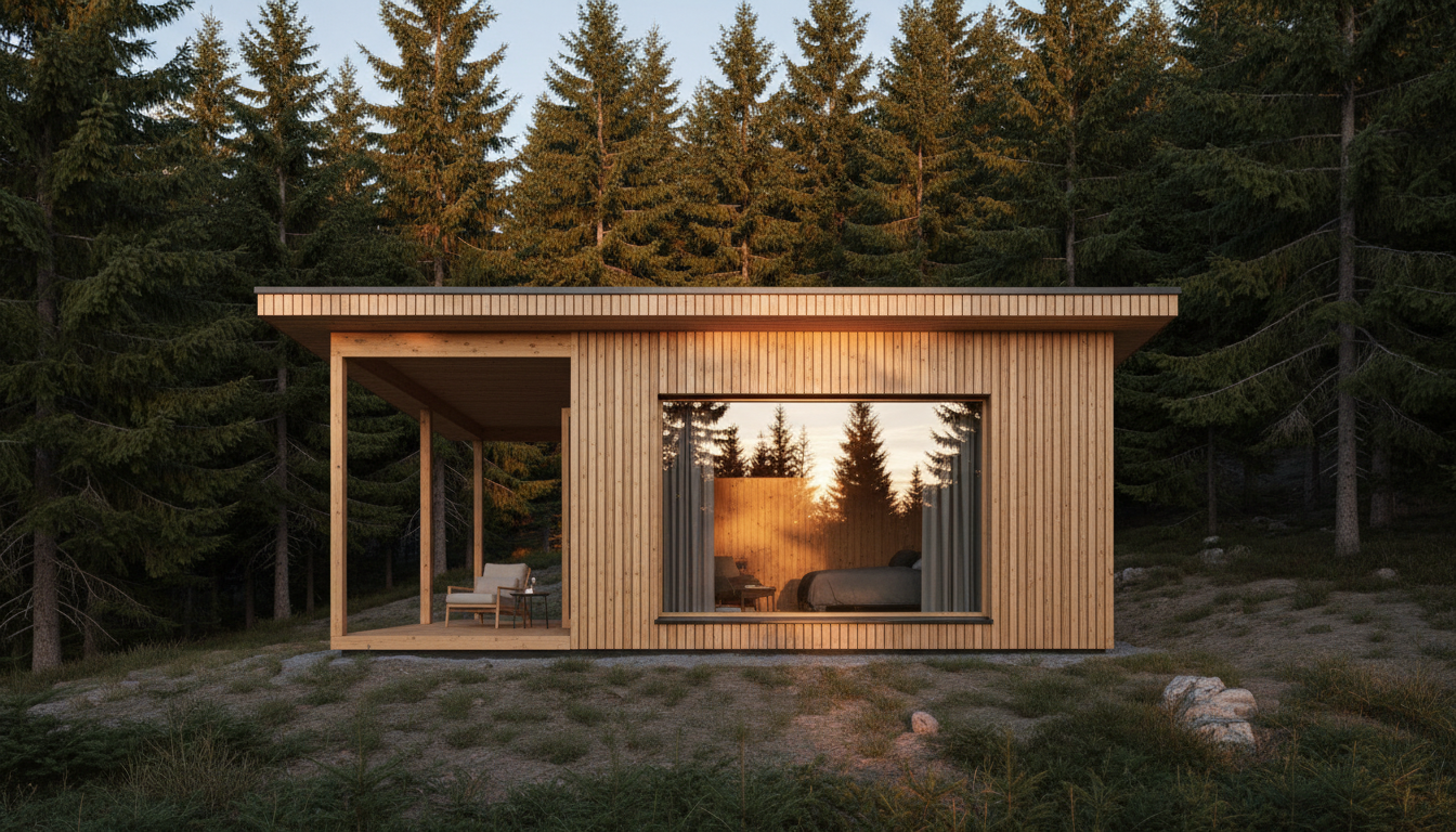 Render arquitectónico 3D de Refugio Abeto, estilo Madera — vista principal del proyecto | infografía D-LINIEX