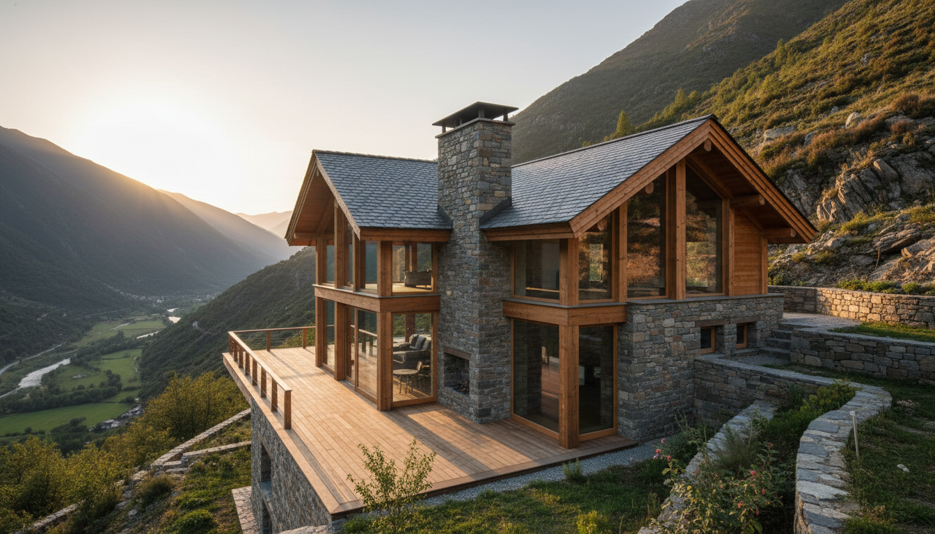 Render arquitectónico 3D de Refugio Alborada, estilo Rústico contemporáneo — vista principal del proyecto | infografía D-LINIEX